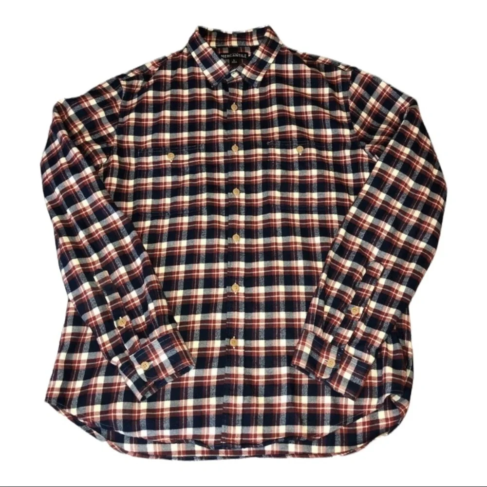 J.CREW Mercantile Mens Navy Blue Cream Plaid Flannel Long Sleeve Shirt